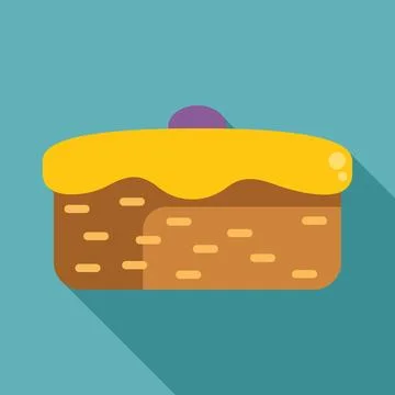 Rectangular cake with yellow icing and purple berry flat design icon with long Stock Illustration