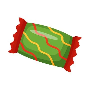 Rectangular candy wrapped in green cellophane with red and yellow stripes. .. 스톡 일러스트