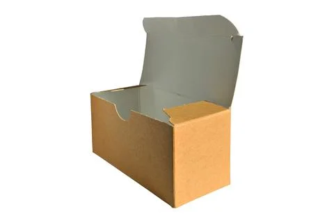 Rectangular cardboard box with open lid of corrugated cardboard isolated white Stock Photos