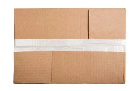 Rectangular cardboard box with a sticky tape isolated on white background. Flat Stock Photos