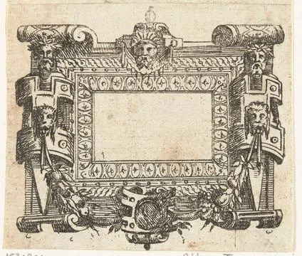 Rectangular cartouche between two hermen, caught in rollerwork; Cartouches... 스톡 사진