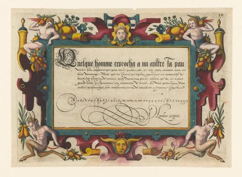 Rectangular cartouche with French text and letter examples; Theatrum Artis... Stock Photos