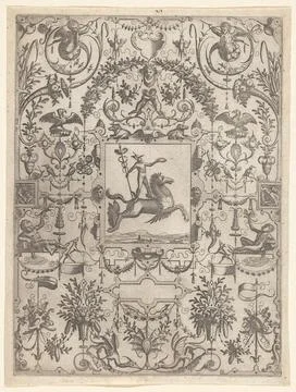 Rectangular cartouche with Mercury on Pegasus; Grottesco: In divorce ways ... 스톡 사진