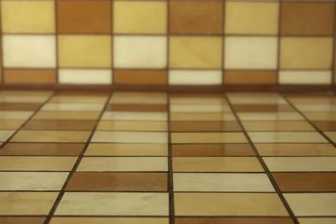 Rectangular ceramic tiles counter and backsplash mockup, soft focus perspec.. Stock Photos