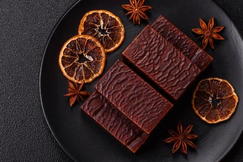 Rectangular chocolate candies with mousse and waffles Stockfoto's