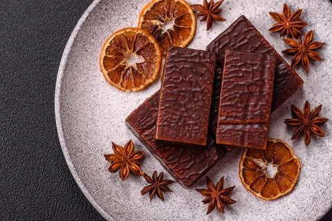 Rectangular chocolate candies with mousse and waffles Stock Photos