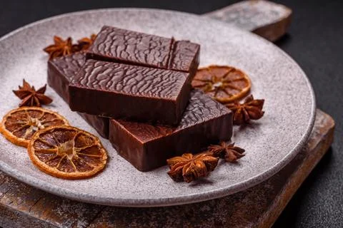 Rectangular chocolate candies with mousse and waffles 스톡 사진