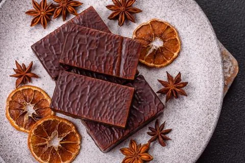 Rectangular chocolate candies with mousse and waffles Stock Photos