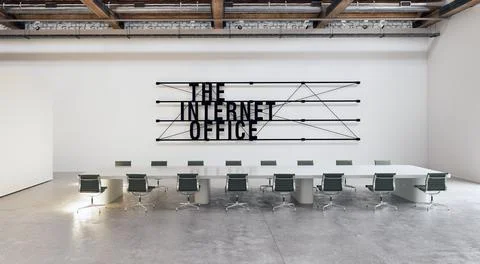 Rectangular conference hall with wood flooring and internet office sign Stock Illustration