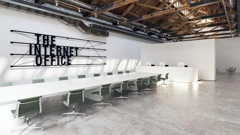 Rectangular conference hall with wood flooring and internet office sign Stock Illustration