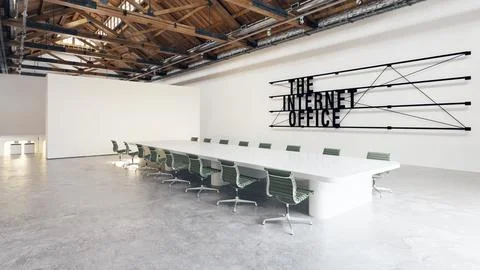 Rectangular conference hall with wood flooring and internet office sign Stock Illustration