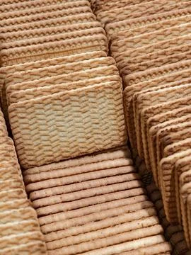 Rectangular cookies neatly arranged in rows inside a box on a supermarket d.. Stock Photos