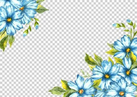 Rectangular corner frame with blue flax flowers watercolor Stock Illustration