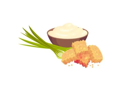 Rectangular croutons with onions and sour cream in a bowl. Vector illustration 库存插图