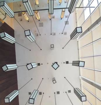 Rectangular cube chandelier as a ceiling interior. 스톡 사진