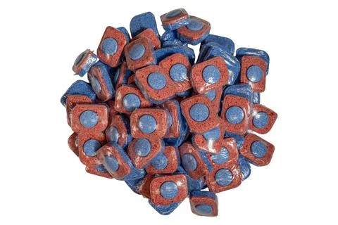 Rectangular dishwasher detergent tablets with layered red and blue core Stock Photos