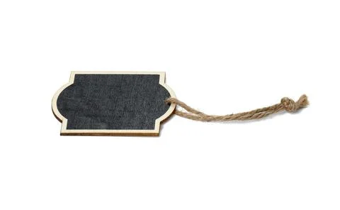 Rectangular empty chalk plate on a brown rope. White isolated background Stock Photos