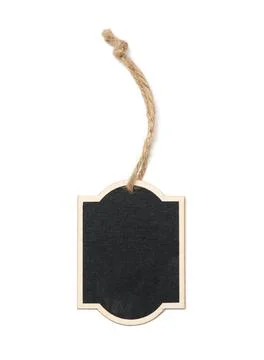 Rectangular empty chalk tag on a brown rope. White isolated background Stock Photos