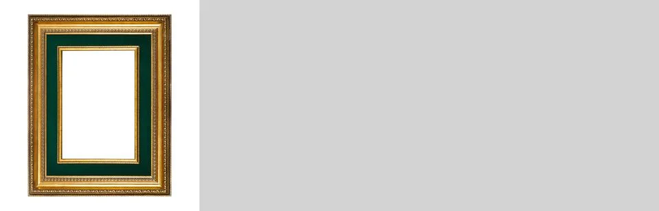 Rectangular empty wooden, gold gilded ornamental frame, on white grey background Foto stock