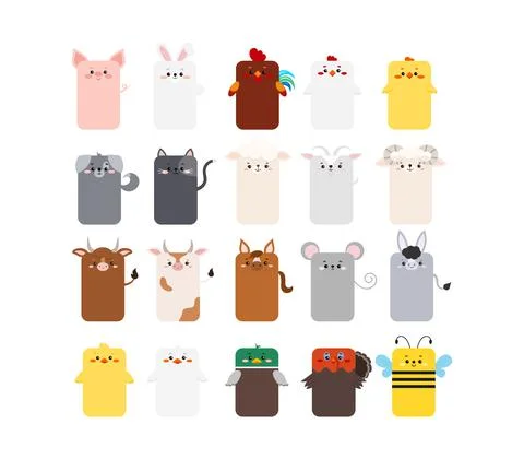 Rectangular farm animal faces icon set isolated on white background. Stock Illustration