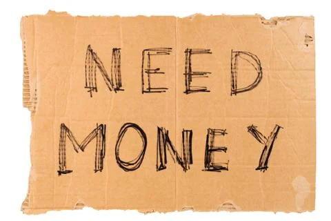 Rectangular flat sheet of cardboard plackard with words need money, isolated on 스톡 사진