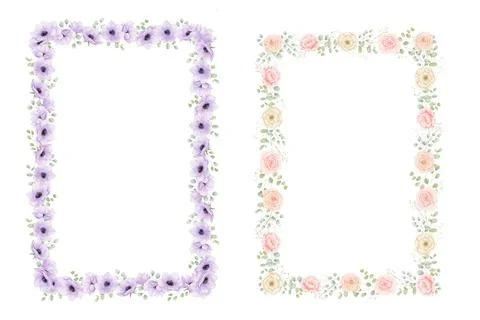 Rectangular floral frame with anemones and roses, watercolour isolated draw.. Stock Illustration