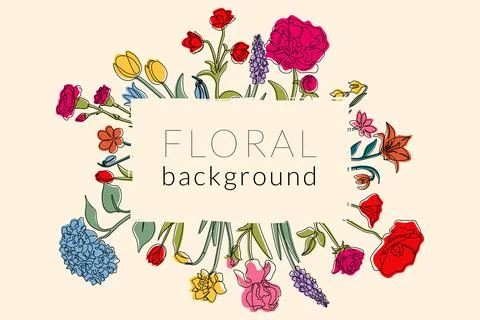 Rectangular floral frame. One line colorful flowers and leaves. Background de Stock Illustration