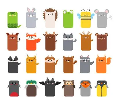 Rectangular forest animal faces icon set isolated on white. Stock Illustration