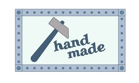 Rectangular frame with bolts or nails, inscription "hand made" and hammer Stock Illustration