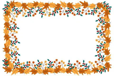 Rectangular frame border of autumn leaves and berry twigs Minimalist flat design Stock Illustration