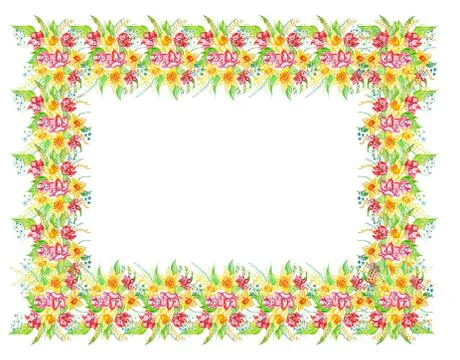 Rectangular frame. A bouquet of spring flowers - daffodils, tulips, forget-me Stock Illustration
