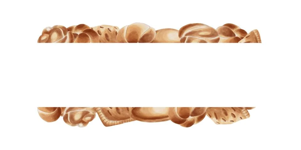 A rectangular frame with buns, pastries, and pies at the top and bottom, and  Stock Illustration