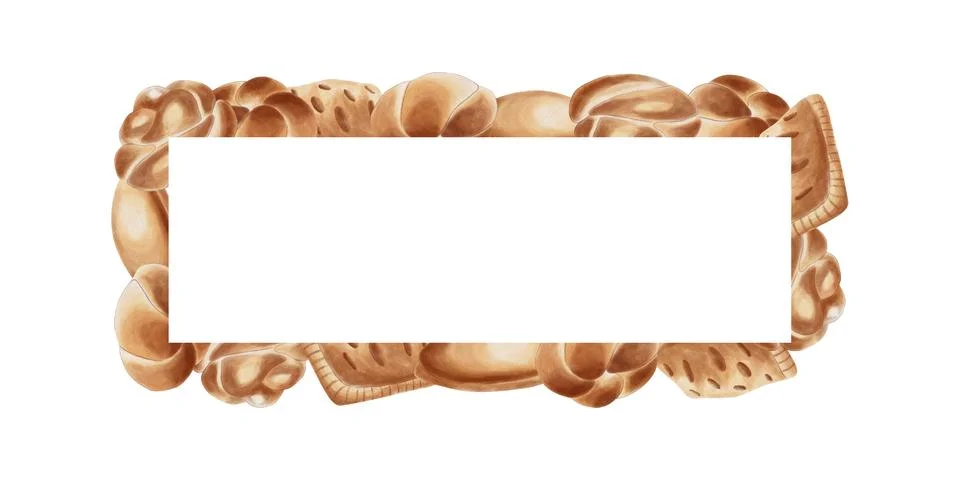 A rectangular frame with buns, puff pastries, and pies, with space for text i Stock Illustration