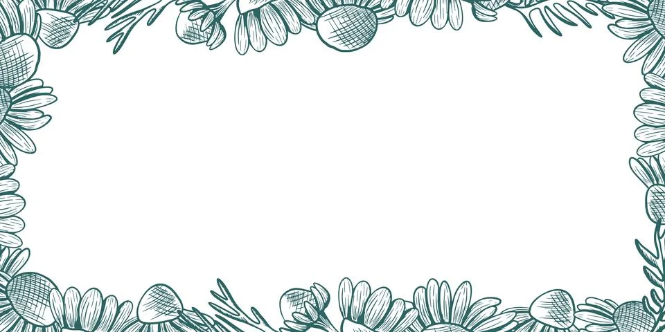 A rectangular frame with chamomile flowers and leaves around the edges. This  Illustrazione stock