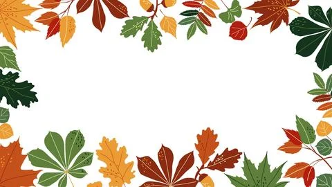 Rectangular frame of colorful autumn leaves and acorns on white background Stock Illustration