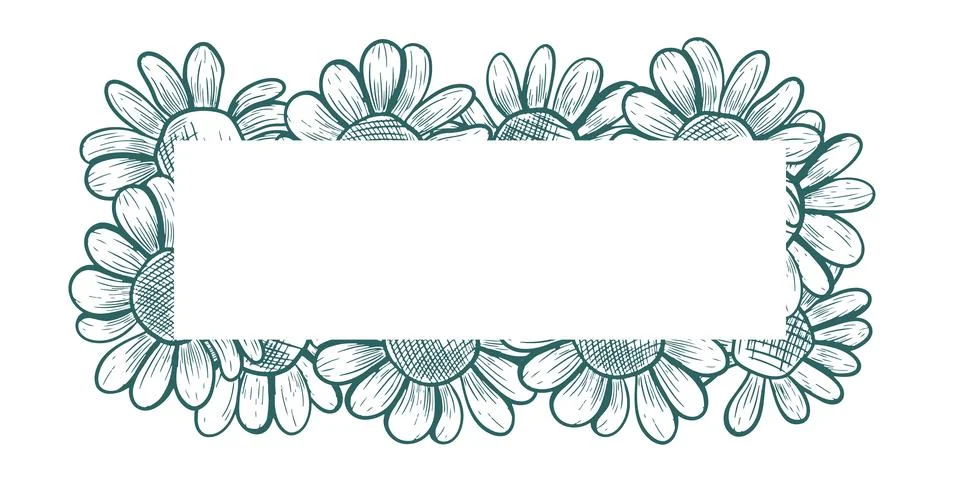 Rectangular frame with daisies. Vector frame in line art style. Botanical d.. Stock Illustration