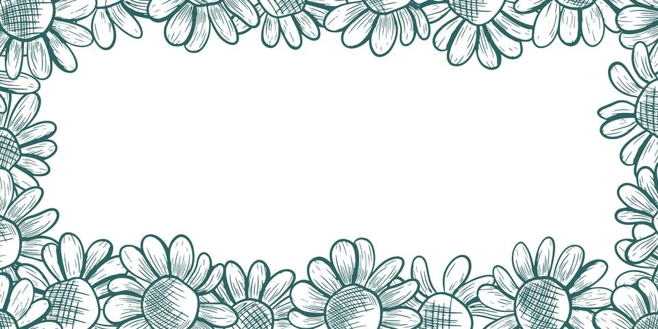 Rectangular frame with daisy flowers around the edges. Vector frame in line a Stock Illustration