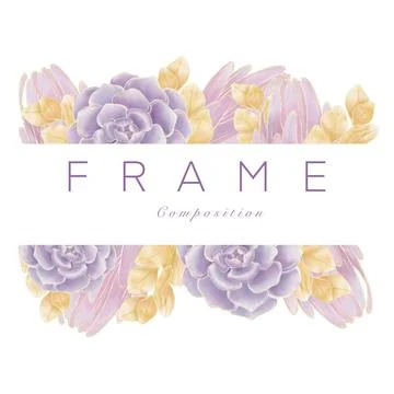 Rectangular frame decorated with succulent flowers and pink and orange twigs, Stock Illustration