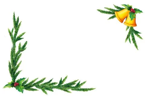 Rectangular frame of delicate fir branches with golden bells, giving a cozy.. Stock Illustration