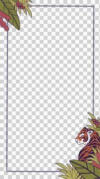 Rectangular frame featuring leaves, berries, halftone tiger emerging, Stock Illustration