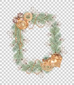 Rectangular frame of fir branches grass and gifts watercolor Stock Illustration