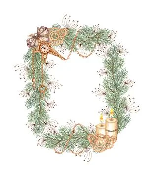 Rectangular frame of fir branches grass and candles watercolor Illustrazione stock