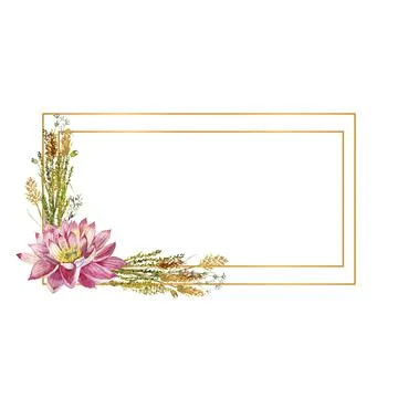 A rectangular frame with flowers of water lilies and wild forest grasses Stock Illustration