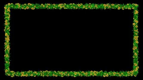 Rectangular frame with green leaves and yellow daisy flowers on black background Stock-Illustration