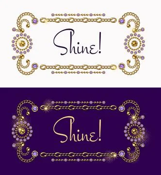 Rectangular frame with jewelry motifs, gold chains, elements with purple gems Stock Illustration