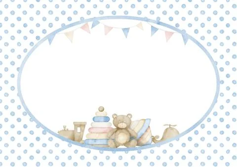 Rectangular Frame with kid Toys for Baby Shower greeting cards or invitations Stock Illustration