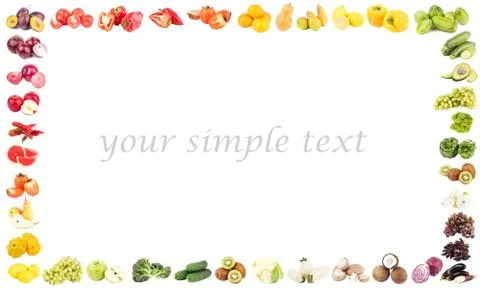 Rectangular frame made from colorful fruits and vegetables, isolated 스톡 사진