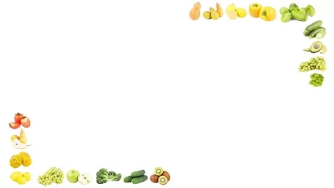 Rectangular frame made from different colorful fruits and vegetables, isolated o Stock Footage 125187460