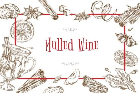 Rectangular frame with monochrome sketch of mulled wine with pieces of fruits Stock Illustration