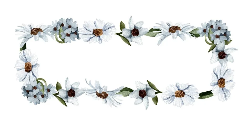 Rectangular frame with a pattern of blue wildflowers and leaves. Watercolor.. Illustrazione stock